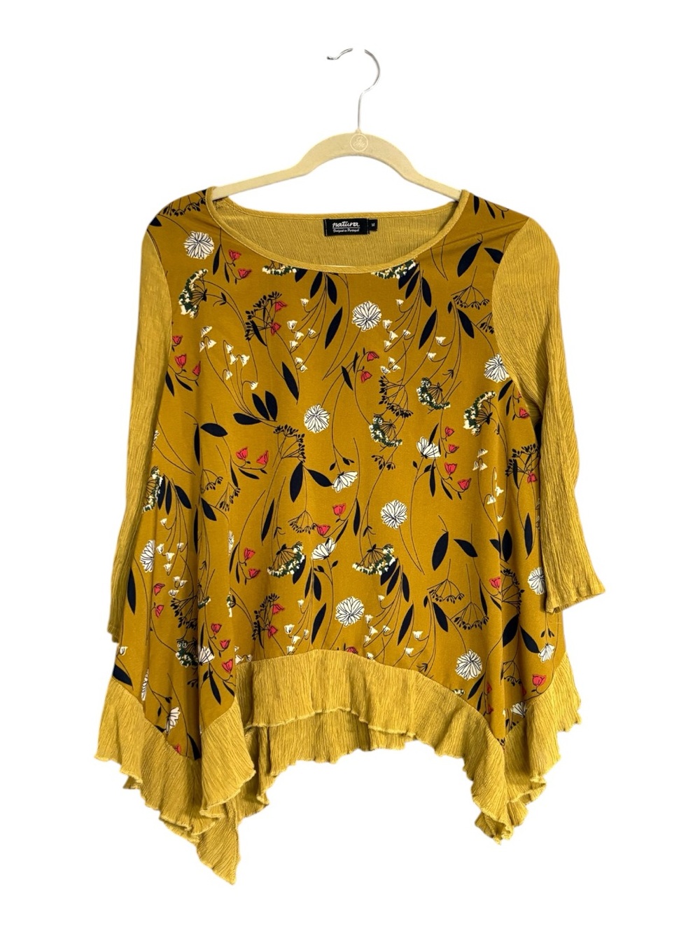 Natura Portugal Mustard Floral Asymmetrical Handkerchief Hem Tunic